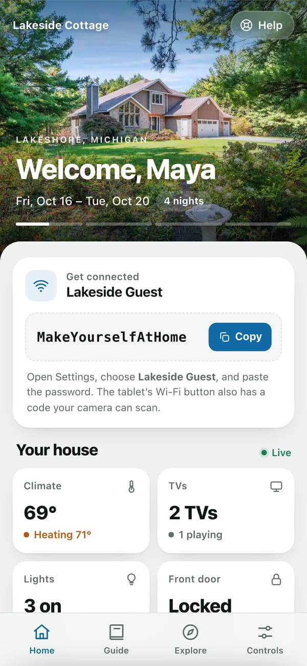 The guest guide on a phone: Welcome, Maya, the stay dates and the Wi-Fi password with a Copy button