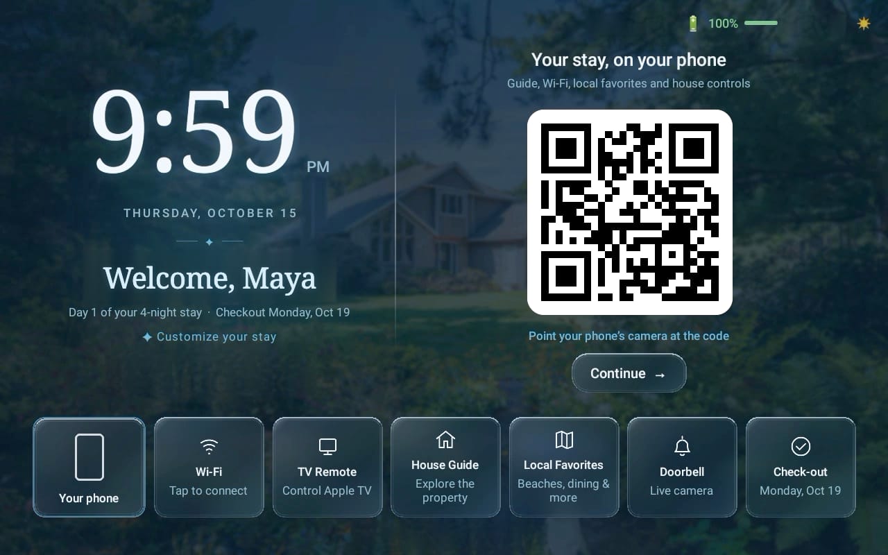 The arrival screen: Welcome, Maya beside a large code that opens the stay on a phone
