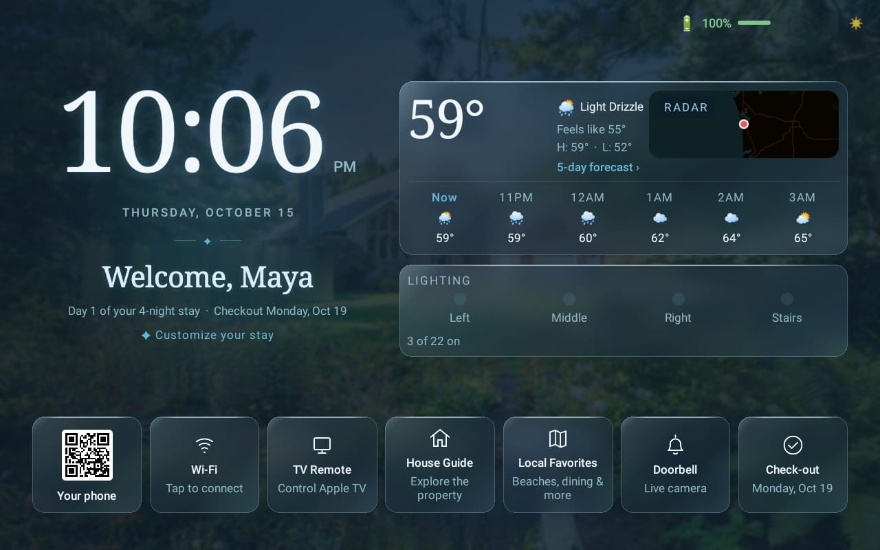 The StayOS tablet: the time, Welcome, Maya, the weather, and tiles for Wi-Fi, the TV remote, the house guide, local favorites, the doorbell and check-out