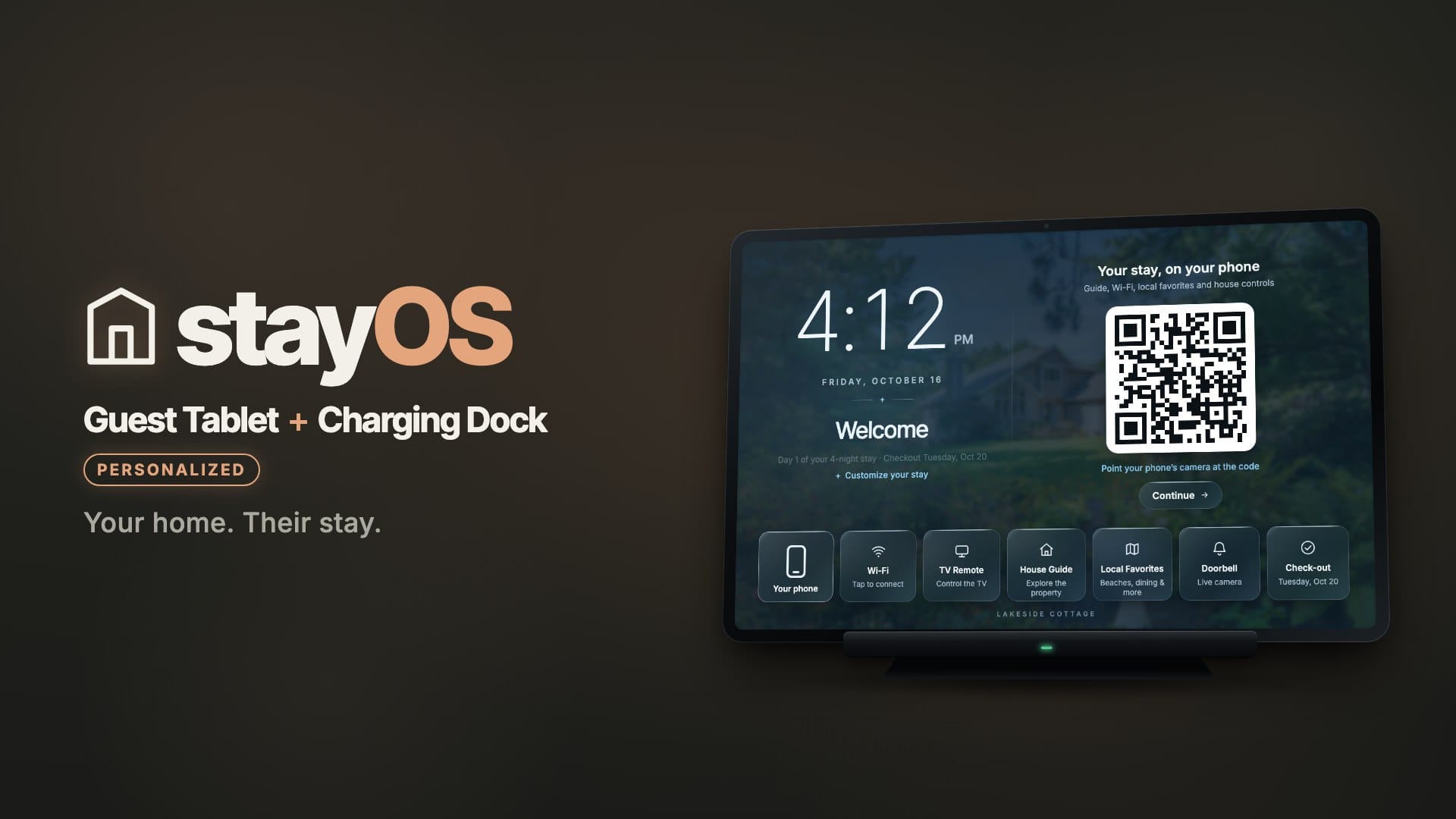 The walkthrough’s opening frame: the StayOS Guest Tablet + Charging Dock, personalized