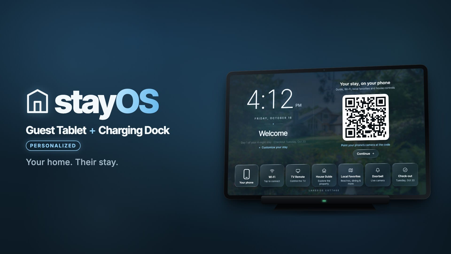 The walkthrough’s opening frame: the StayOS Guest Tablet + Charging Dock, personalized
